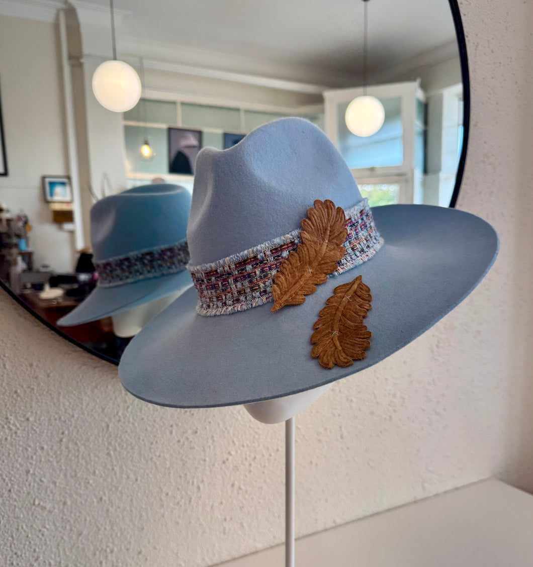 Baby blue fedora and vintage leaves