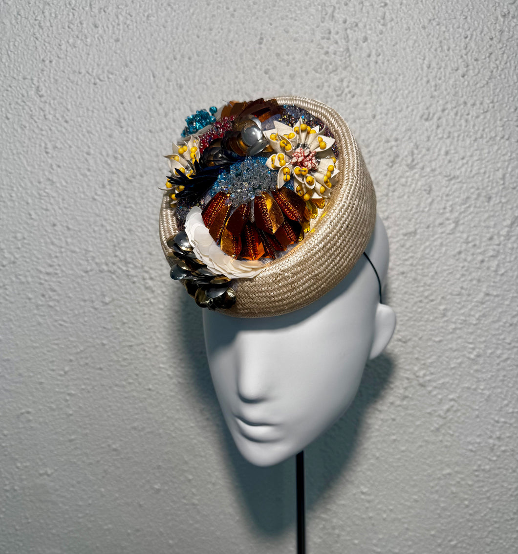 Beaded porkpie with metallics and blues