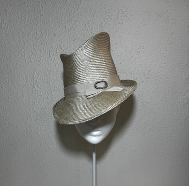 Sharp fedora in oyster with antique pearl brooch